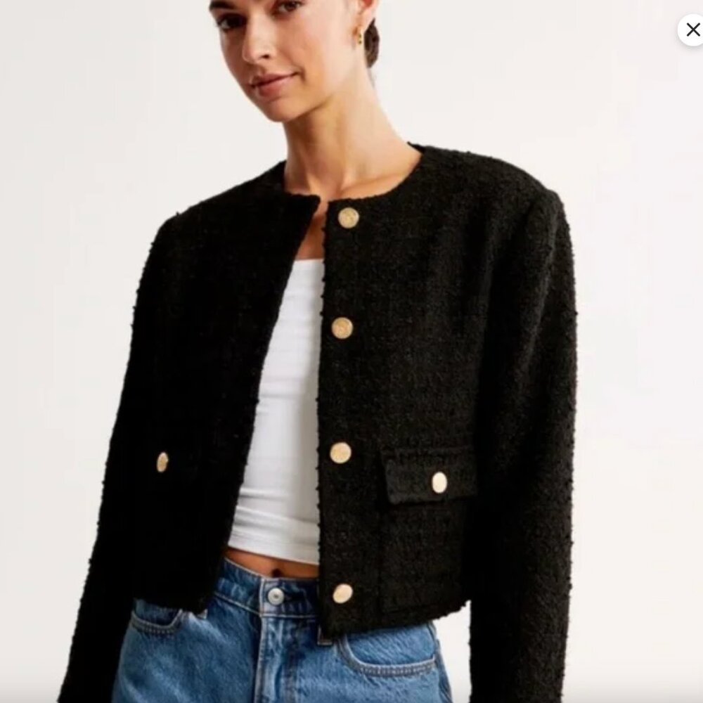 Abercrombie and Fitch Collarless Boucle Jacket with Gold Buttons